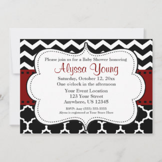 Dark Red Quatrefoil Chevron Invitation