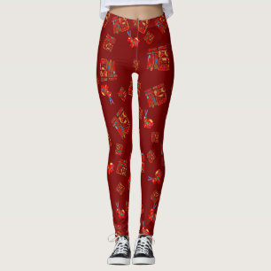 Dark Red Rabbits Chinese Character 福 Blessings Leggings