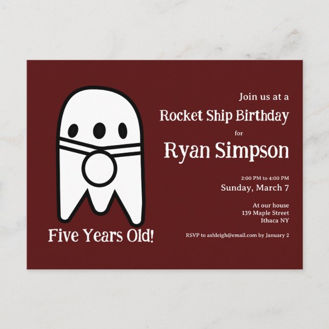 Dark Red Rocket Ship Birthday Party Postcard (Front)
