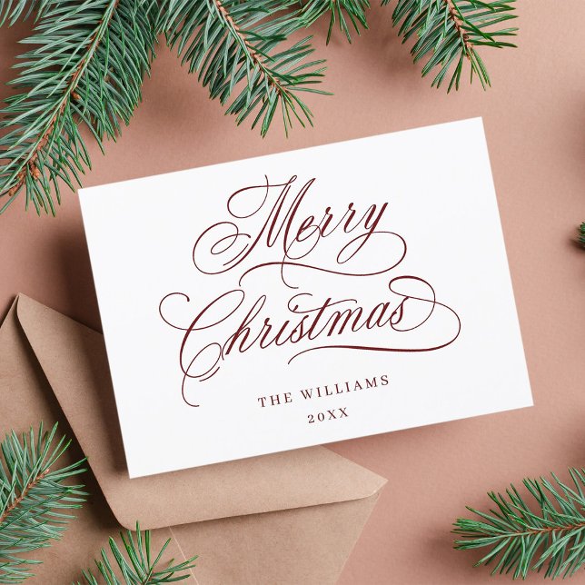 Dark Red Romantic Merry Christmas Script Flat Holiday Card (Creator Uploaded)