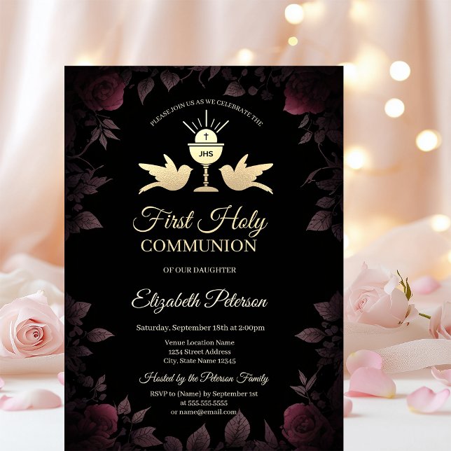 Dark Red Roses Chalice First Holy Communion   Invitation (Creator Uploaded)