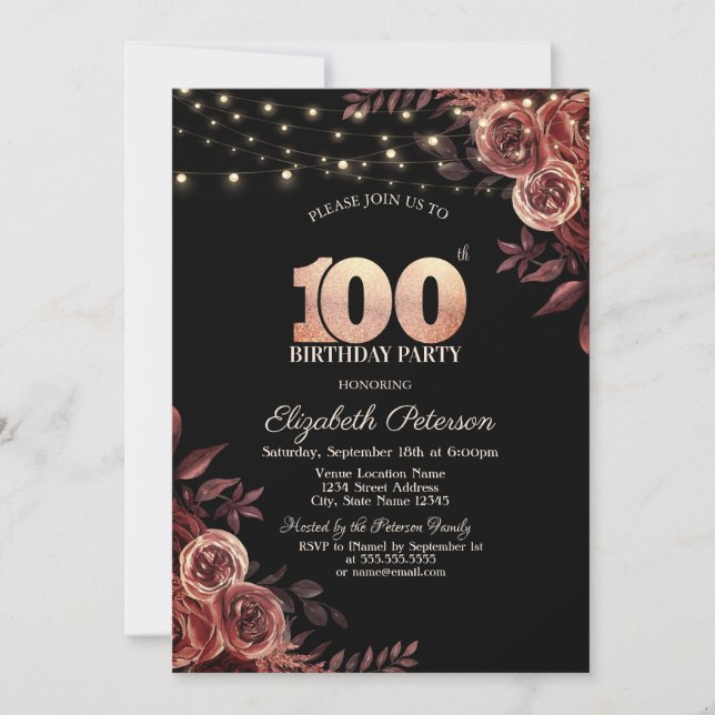 Dark Red Roses,String Lights Black 100th Birthday  Invitation (Front)