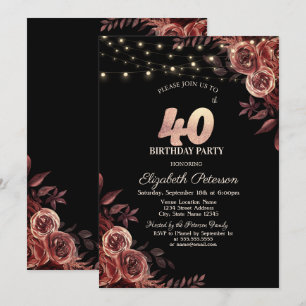 Dark Red Roses,String Lights Black 40th Birthday  Invitation