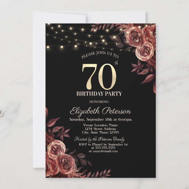  Dark Red Roses,String Lights Black 70th Birthday  Invitation (Front)