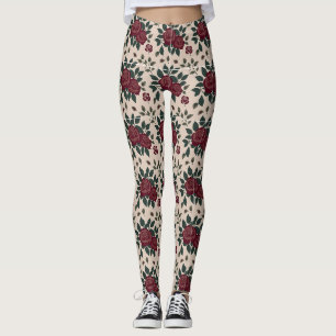 Dark Red Roses With Green Leaves Leggings