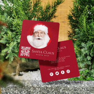 Dark Red Santa North Pole Custom Photo QR Code Square Business Card