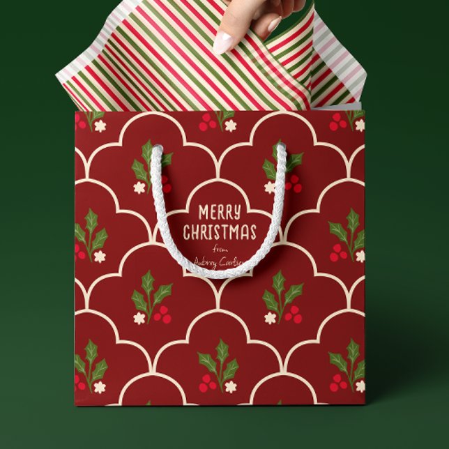 Dark Red Scallop Tile Christmas Sprigs Medium Gift Bag (Custom text burgundy red traditional Christmas gift bag with ivory scallop and holly berry pattern)