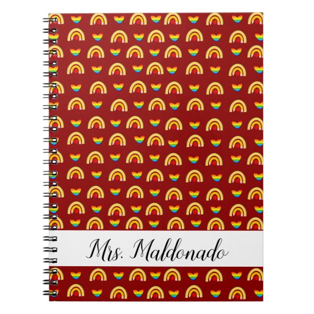 Dark Red School Supplies with Rainbow Hearts Notebook (Front)