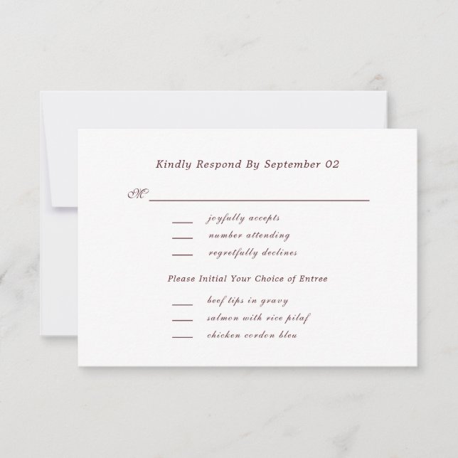 Dark Red Script Menu Selection Chic Wedding RSVP  (Front)