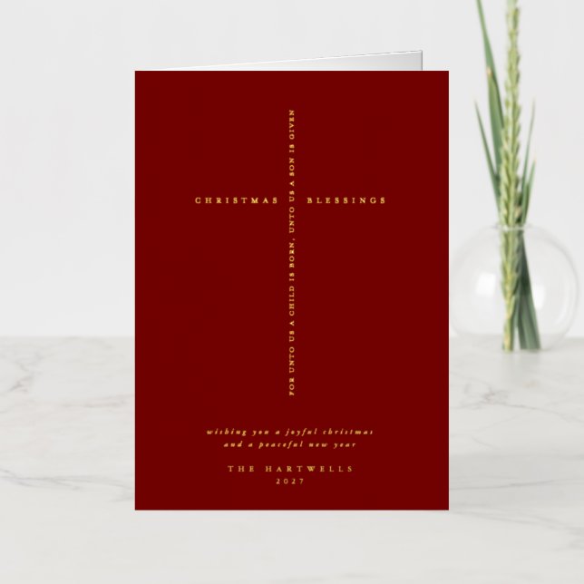 Dark Red Scripture Cross Christmas/Holiday Foil Greeting Card (Front)