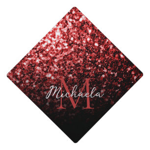 Dark red shiny faux glitter sparkle Monogram Graduation Cap Topper