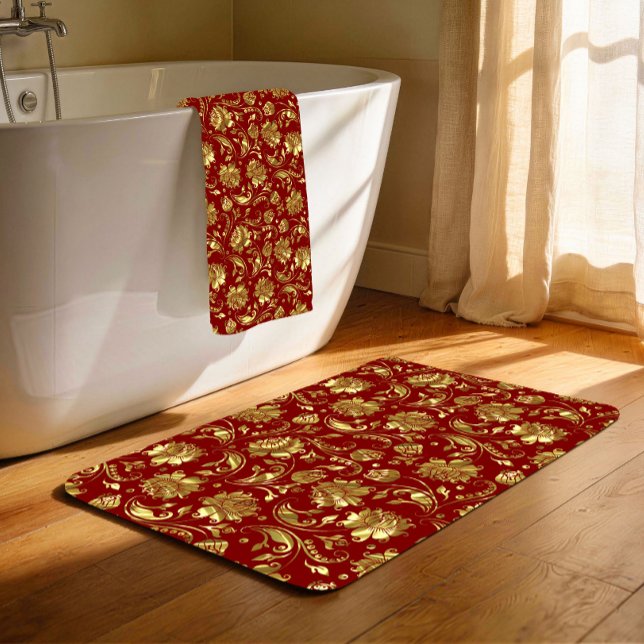 Dark-red & Shiny Gold Damask Pattern Bath Mat (Creator Uploaded)