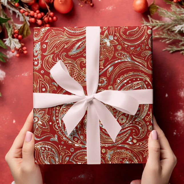 Dark Red & Shiny Silver & Gold Floral Paisley  Wrapping Paper (Creator Uploaded)
