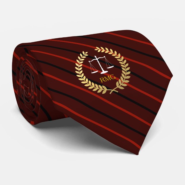 Dark Red Stripes Custom Initials Lawyer Tie (Rolled)