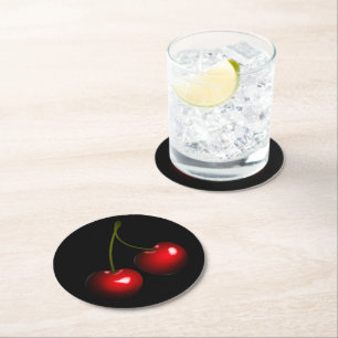Dark Red Sweet Cherries Round Paper Coaster