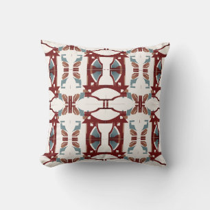 Dark Red Tan Blue on Off-white Large Mosaic Tiles Throw Pillow