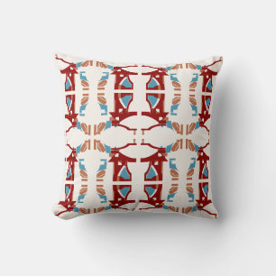 Dark Red Tan Blue on Off-white Large Mosaic Tiles Throw Pillow