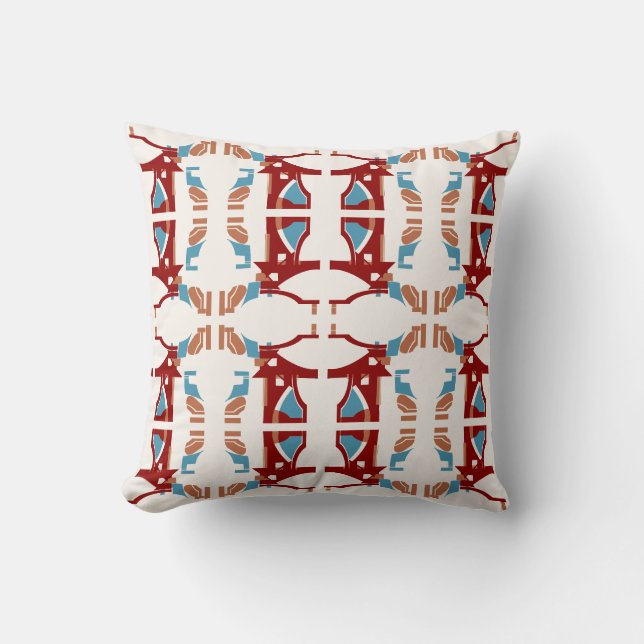 Dark Red Tan Blue on Off-white Large Mosaic Tiles Throw Pillow (Front)