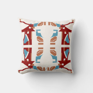 Dark Red Tan Blue on Off-white Mediterranean Motif Throw Pillow