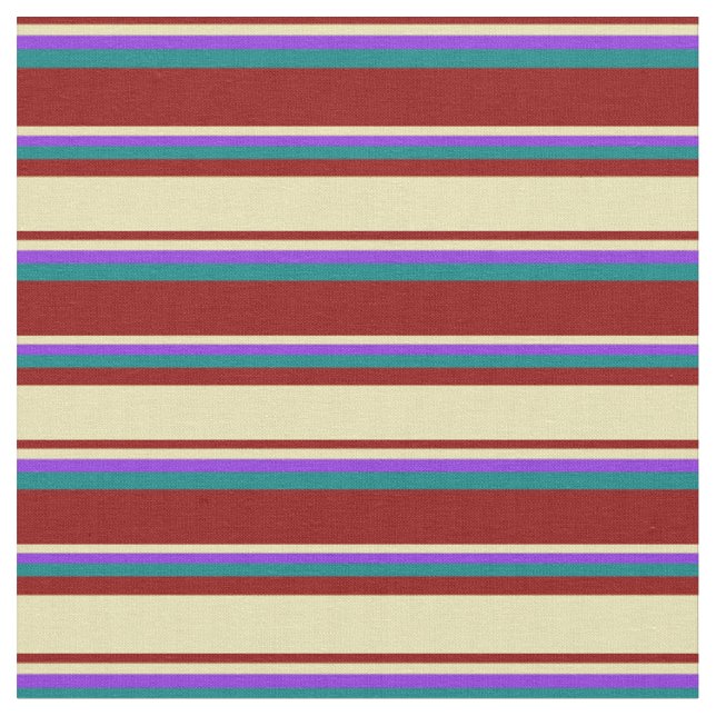 Dark Red, Tan, Purple & Teal Coloured Stripes Fabric (Close Up)