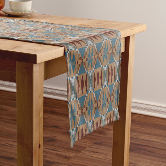 Dark Red Teal Blue Taupe Brown Tribal Mosaic Art Long Table Runner (In Situ)