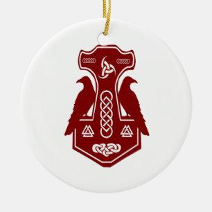 Dark Red Thor's Hammer with Ravens Ceramic Ornament
