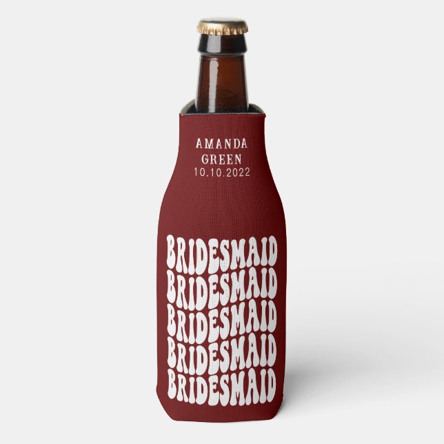 Dark Red Trendy Boho Retro Personalized Bridesmaid Bottle Cooler (Bottle Front)