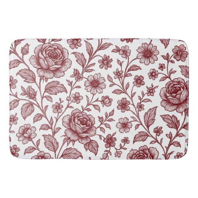 Dark Red Vintage Rose Pattern  Bath Mat (Front)