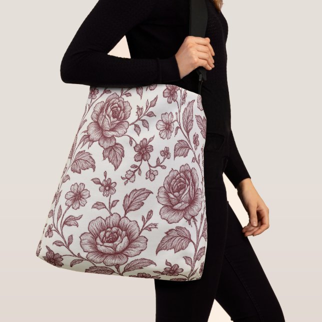 Dark Red Vintage Rose Pattern  Crossbody Bag (Close Up)