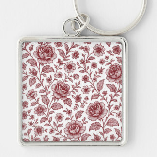 Dark Red Vintage Rose Pattern Keychain