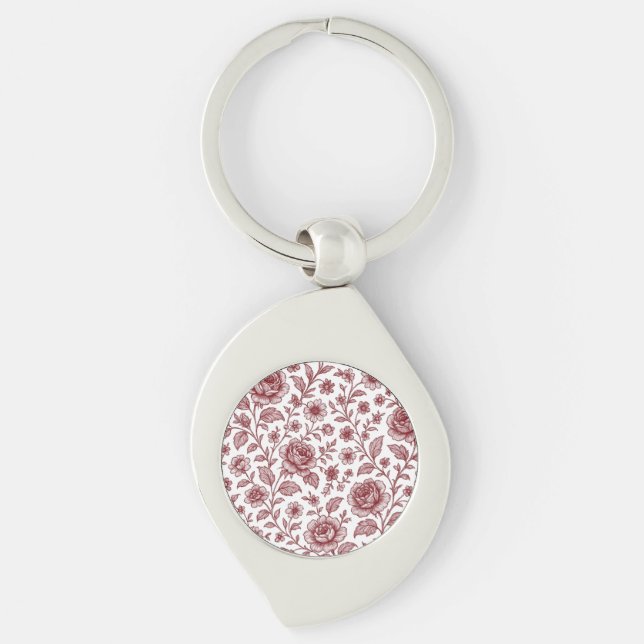 Dark Red Vintage Rose Pattern  Keychain (Front)
