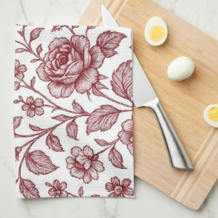 Dark Red Vintage Rose Pattern Kitchen Towel
