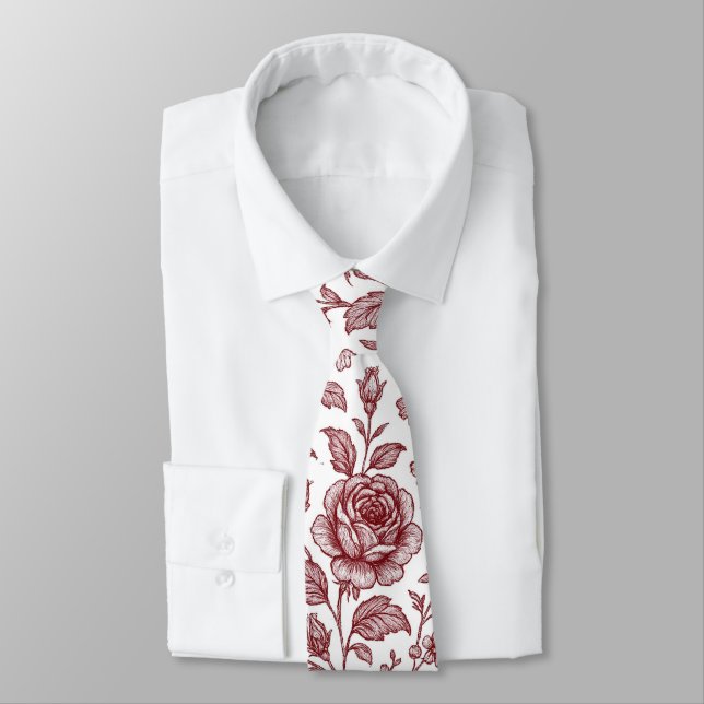 Dark Red Vintage Rose Pattern  Tie (Tied)