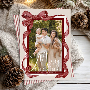 Dark Red Watercolor Bow Merry Christmas Photo Holiday Card