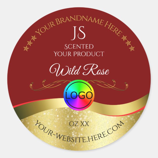 Dark Red Wavy Gold Logo Monogram Product Label (Front)