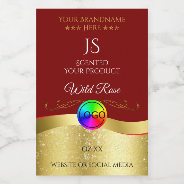 Dark Red Wavy Gold Logo Monogram Product Label (Single Label)