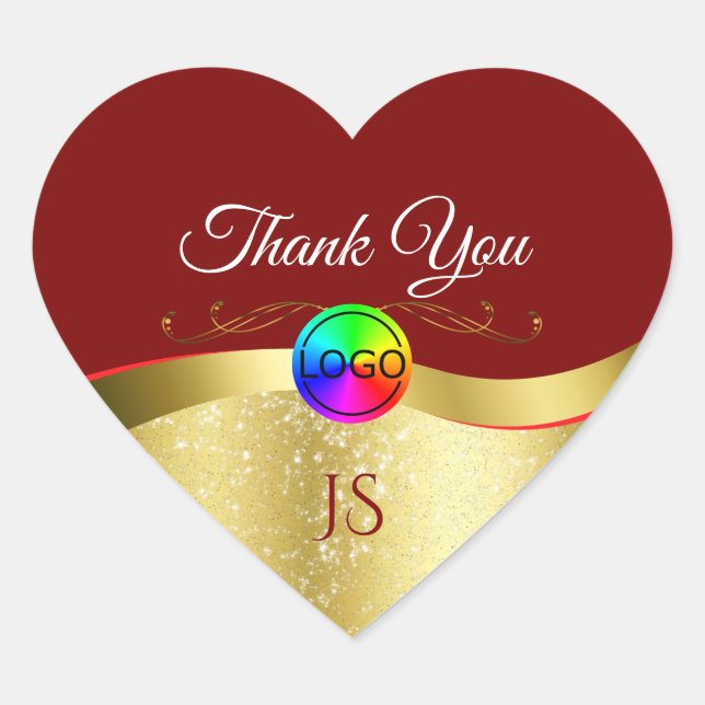 Dark Red Wavy Gold with Logo Monogram Thank You Heart Sticker (Front)