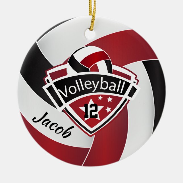 Dark Red, White and Black Volleyball Ceramic Ornament (Front)