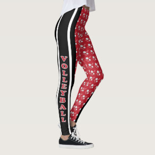 Dark Red, White and Black Volleyball Pattern Leggings