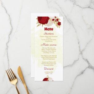 dark red & white flowers gold botanical wedding menu