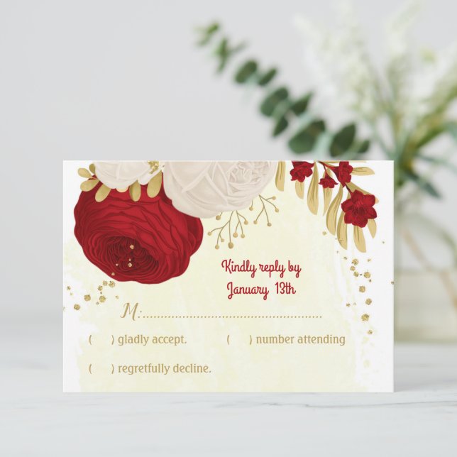 dark red & white flowers gold botanical wedding RSVP card (Standing Front)