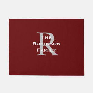Dark Red White Grey Name Monogrammed Doormat