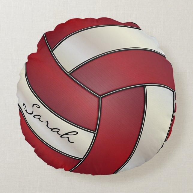 Dark Red & White Sport Volleyball | DIY Name Round Pillow (Front)