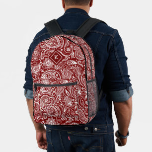 Dark red & white vintage paisley pattern monogram printed backpack