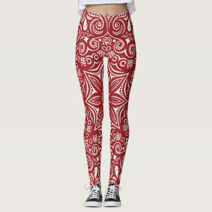 Dark Red & White Whimsical Pattern Leggings