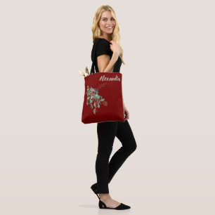 Dark Red with Watercolor Leaves & Berries Named Tote Bag