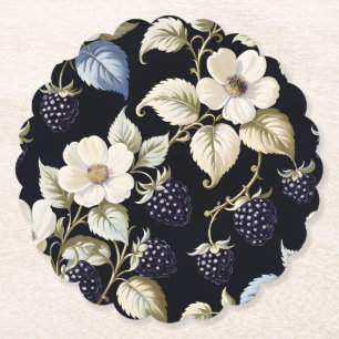 Dark Regal Elegance with Blackberry & Blooms Paper Coaster