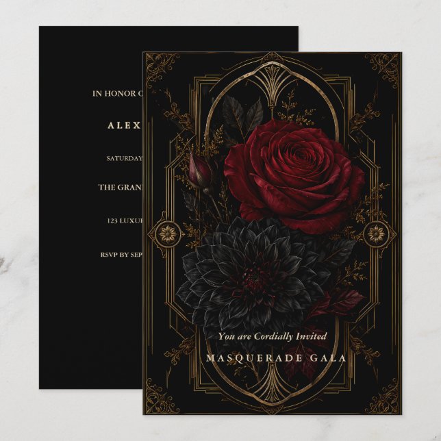 Dark Regency Gothic Gold Masquerade Invitation (Front/Back)