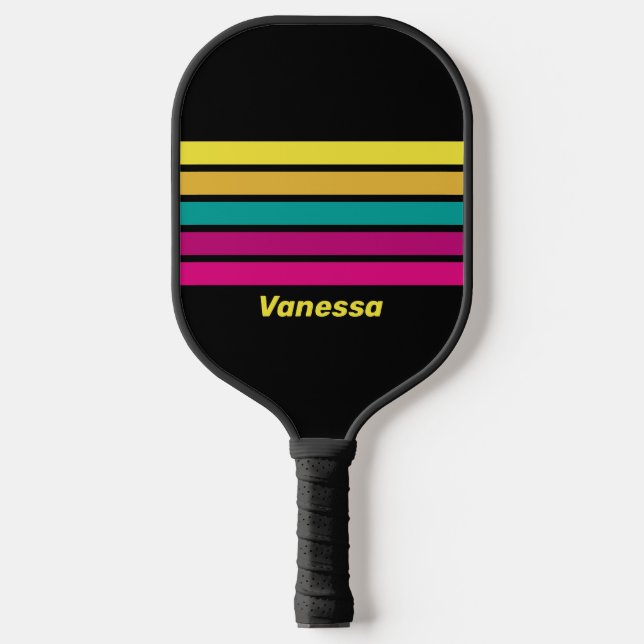 Dark Retro Across Striping 80s with Name Pickleball Paddle (Front)