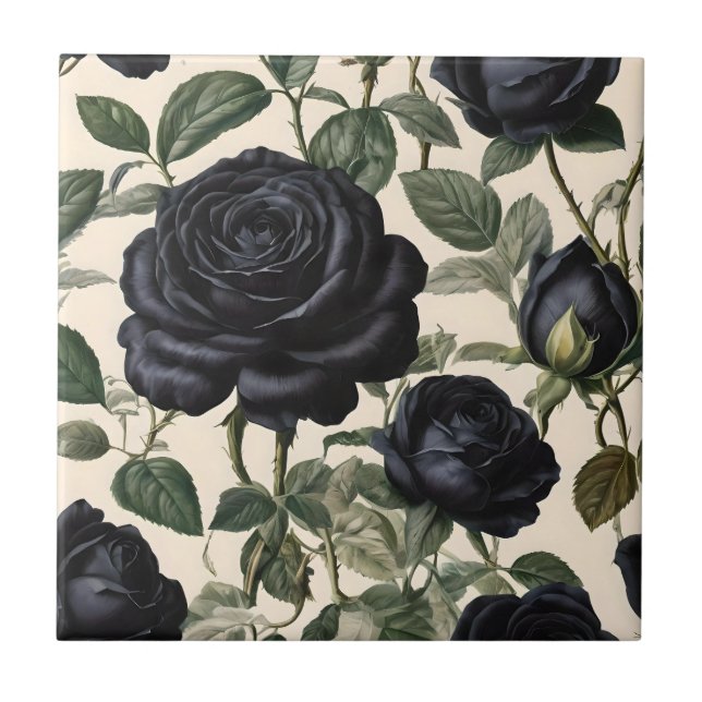 **"Dark Romance: Black Vintage Provincial Roses"** Tile (Front)